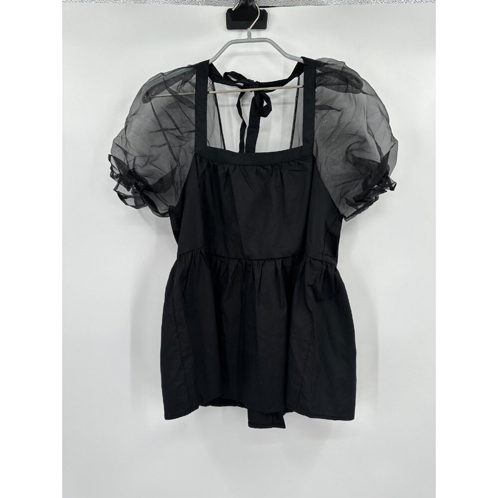 Pomander Place Tuckernuck Women's Black Tinsley Top Blouse Sheer Puff Sleeve XS